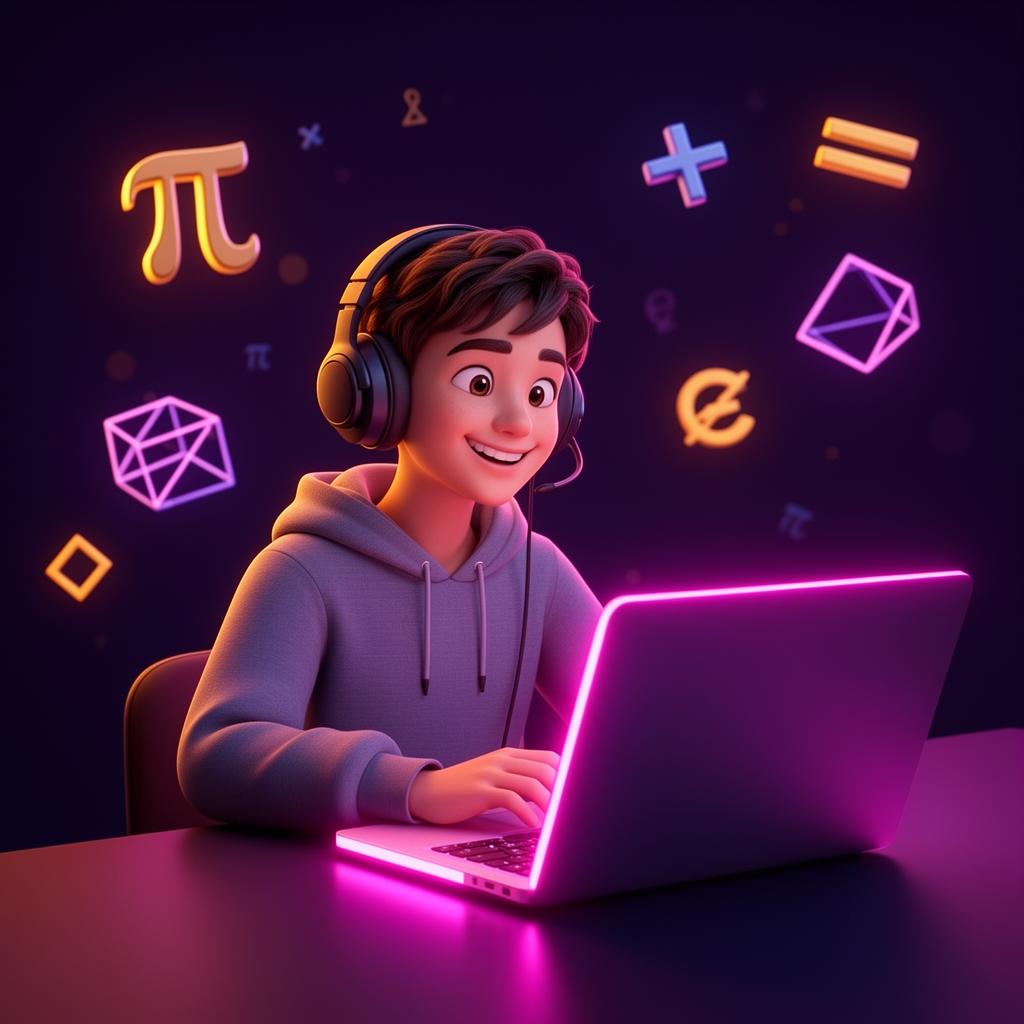 Happy student learning maths online with a friendly tutor on a video call
